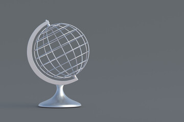 Wire globe of silver color. International communication. Geographic education. Worldwide business. Copy space. 3d render