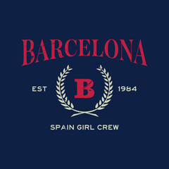 Athletic team state of Barcelona, Spain. Typography graphics for sportswear and apparel. Vector print design.