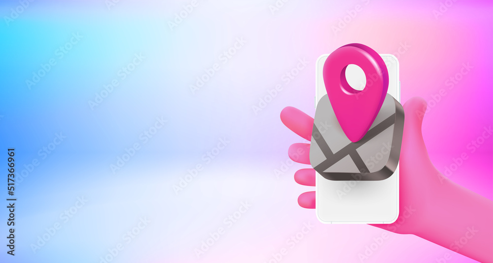 Poster Using navigation application on mobile phone. 3d vector banner with copy space