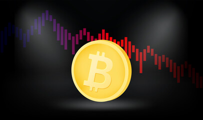 Bitcoin crisis concept with exchange rate graphic. Vector 3d illustration