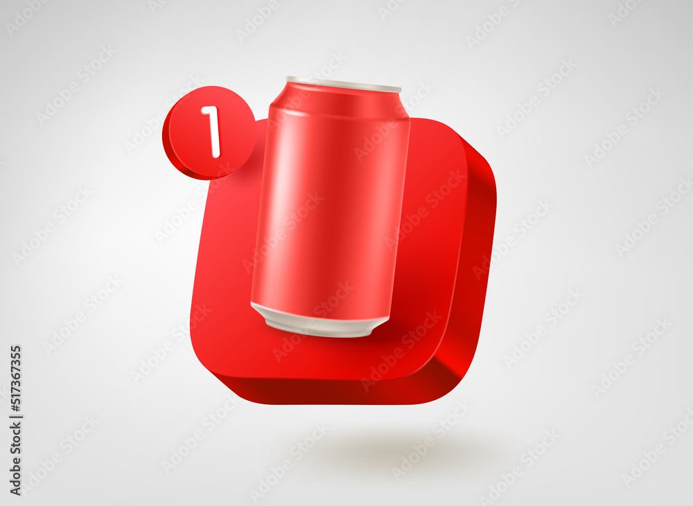 Poster Red metal can on red button. 3d vector mobile application icon