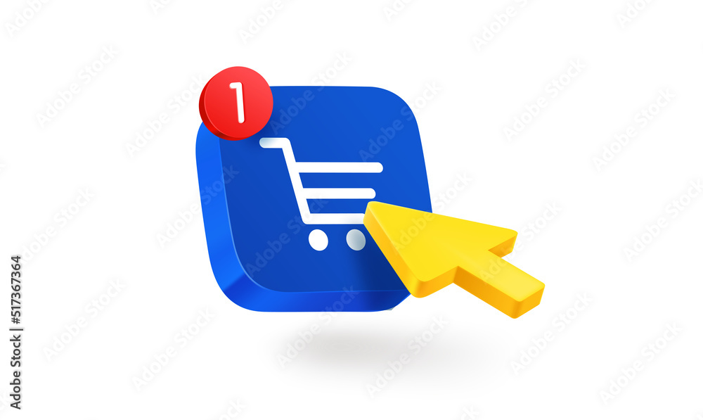 Aufkleber pressing on a shopping cart button. 3d vector icon