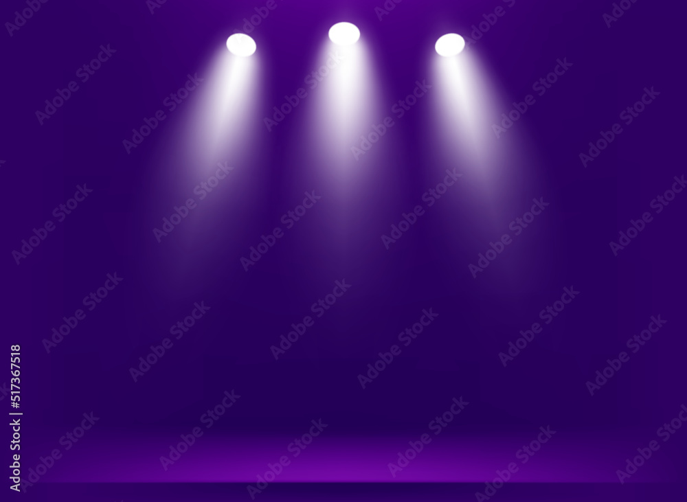 Poster dark illuminated studio with bright projectors. 3d vector illustration