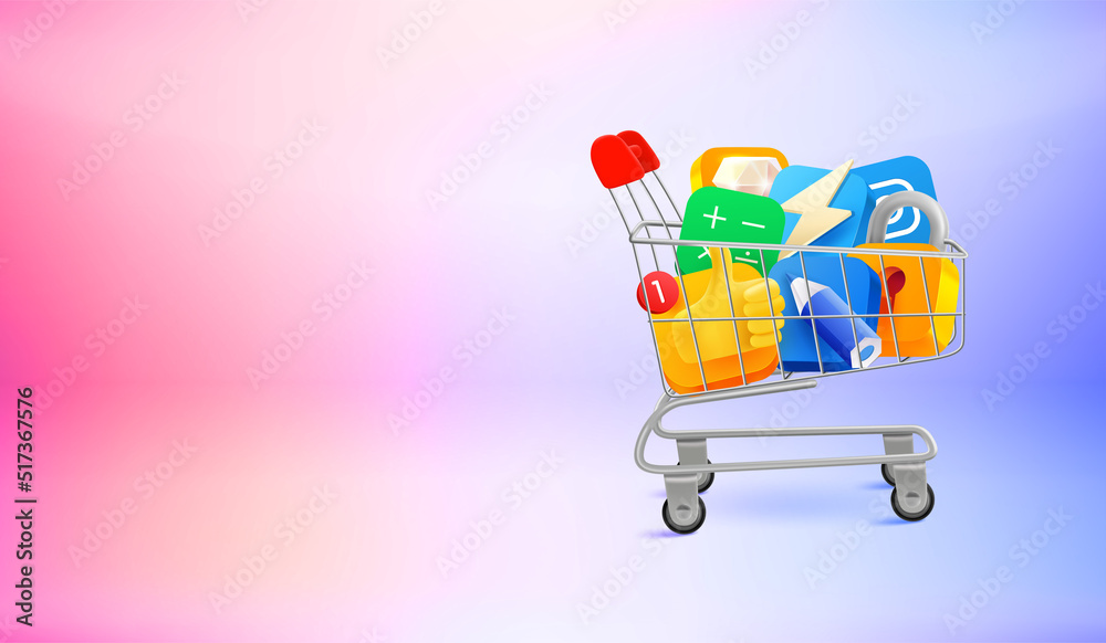 Aufkleber Full trolley of mobile application icons. 3d vector banner with copy space