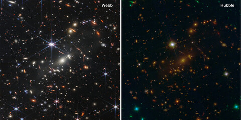 Webb and Hubble telescopes side by side comparisons visual gains. Cluster of galaxies SMACS 0723....