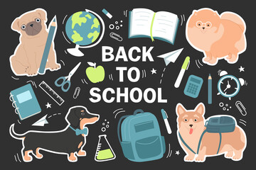 Fototapeta na wymiar Cute little dogs go Back to school. Set of funny stickers illustration for kids.