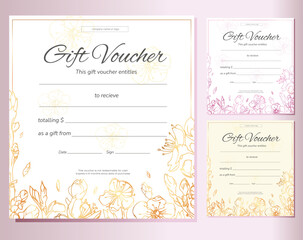 Woman gift voucher for beauty salon, shop, spa. Cherry branches and flowers. Spring and summer gift certificate in different colors . Fully editable.