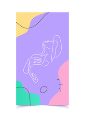 Line face person illustartion. Vector flyer with woman on purple background. Minimalistic cover with fluid elements. Vector illustartion