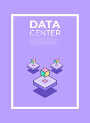 Data server poster concept. Cloud server technology in retro style. Isometric cover big data concept on purple background. Vector illustration