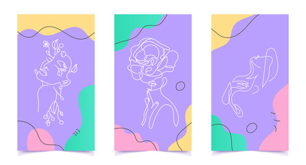 Line face minimalistic poster set. Trendy style cover. Portrait with fluid shapes. Vector illustration concept