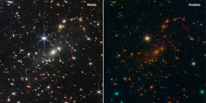 Webb and Hubble telescopes side by side comparisons visual gains. Cluster of galaxies SMACS 0723. Elements of this picture furnished by NASA, ESA, CSA, STSc