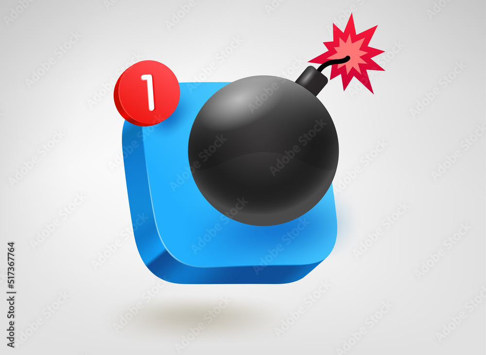 Poster Bomb. 3d vector mobile application icon with notification