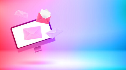 Sending mail via computer. Vector 3d banner with copy space