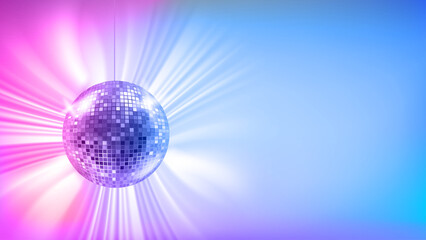 Bright holographic glowing studio with glowing disco ball. Vector 3d banner with copy space - obrazy, fototapety, plakaty