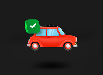 Red car with checkmark icon. 3d vector illustration