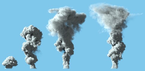 4 images of dense white smoke column as from volcano or huge industrial explosion - disaster concept, 3d illustration of objects