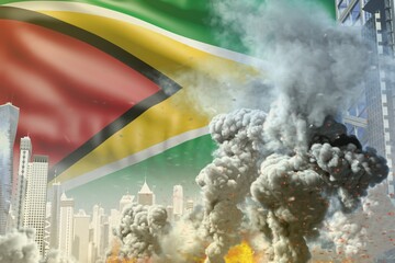 large smoke column with fire in abstract city - concept of industrial accident or terrorist act on Guyana flag background, industrial 3D illustration