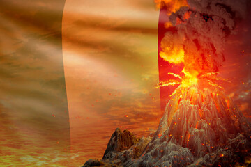 conical volcano eruption at night with explosion on Mali flag background, suffer from eruption and volcanic ash concept - 3D illustration of nature