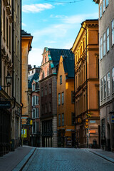 Fototapeta na wymiar Empty Swedish Street with Yellow Buildings