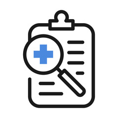 Medical report with magnifying glass. Search diagnosis, medical form with medications vector illustration