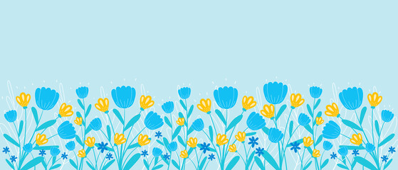 Spring backdrop with border of blooming flowers and leaves in hand drawn style, horizontal banner template