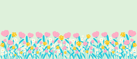 Spring backdrop with border of blooming flowers and leaves in hand drawn style, horizontal banner template