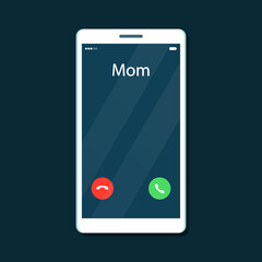 Incoming call from mom on mobile phone screen. Vector illustration in flat cartoon style.