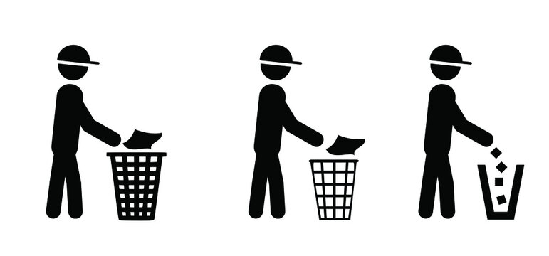Lttering only. Cartoon drawing stickman, stick figures man with litter basket or litterbin. Clean up and trashcan. Cleaning tools. Vector container logo or pictogram. 