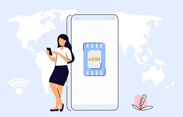 eSIM card chip Embedded SIM concept New mobile communication technology vector illustration Smartphone without classical sim card New digital technology Cellphone with integrated circuit card - obrazy, fototapety, plakaty