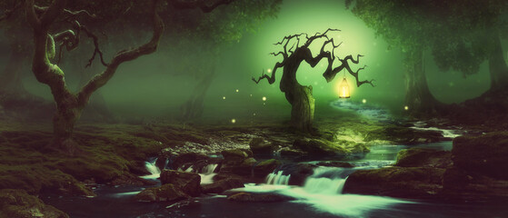 Mystischer Wald mit Bach und krummen Bäumen im magischen Licht  - obrazy, fototapety, plakaty