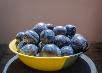Picked plums in a ceramic bowl.