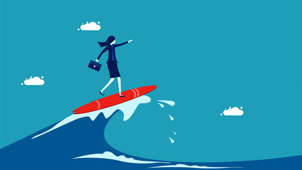 Business challenges. business woman surfing on the waves. business concept vector