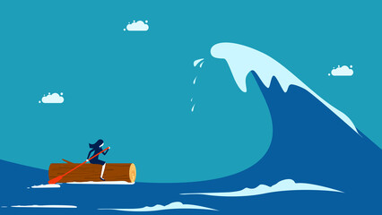 Overcome the crisis. Female business leaders overcome the ocean waves. vector illustration