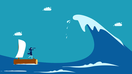 Overcome the crisis. Female business leaders overcome the ocean waves. vector illustration