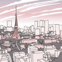 Hand drawn sketch of Tokyo skyline in vector illustration