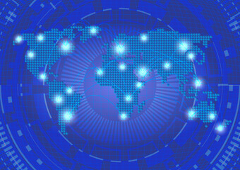 Dots of world map on network and tech wheel, abstract background.