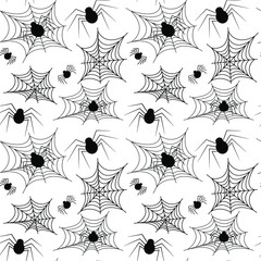 Vector image with spiders and cobwebs in black, which can be used as a pattern for fabric,
 for clothes, for wallpaper, for packaging for Halloween, for example