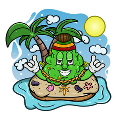 Cartoon Mascot Of Weed Bud With Reggae Style In Island.