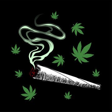 Cannabis, Marijuana shoals, cigarette carefully wrapped in paper smoking,   on black background Design element for logo, poster, card, banner, emblem, t shirt. Vector illustration.