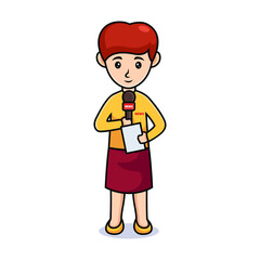 cartoon girl. Friendly beautiful reporter in casual clothes, holding a mic and paper