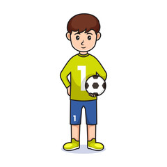 cartoon guy with ball. Friendly handsome man in sport clothes, football player