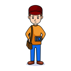 cartoon guy with hat. Friendly handsome man in casual clothes with bag and camera