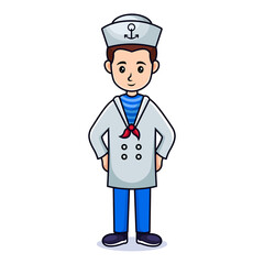 cartoon guy with hat. Friendly handsome man in sailor  clothes, Isolated on white