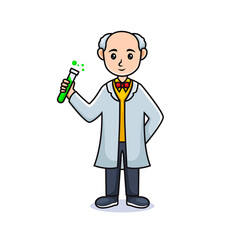 cartoon old guy. Friendly handsome man in professor uniform, holding a tube