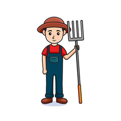 cartoon man with hat. Friendly handsome man in farmer's clothes, holding straw rake