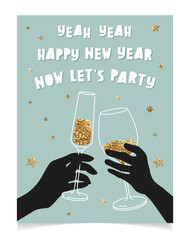 Happy new year funny greeting card line art illustration vector design. Invitation for party. Hands holding glasses of wine and champagne. Cheers 