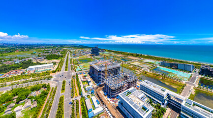 Aerial Panorama of Haikou Jiangdong New District, an International Hub for Retail, Residential, Leisure, Workplace, and Transportation in Hainan Free Trade Zone.