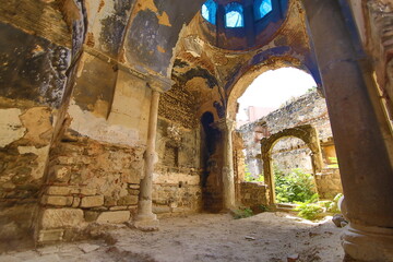 Church of Archangels (Panagia Pantobasilissa) in Trilye Bursa Turkey old historical stone church interior view HDR