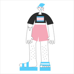 Transgender mtf or ftm person with trans symbols and colors. Genderqueer and crossdressers rights concept. LGBTQ+ equality vector flat isolated illustration. Social transition.