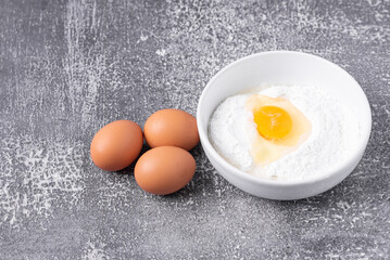 ingredient for homemade, wheat in bowl, eggs and flour, wheat powder and eggs